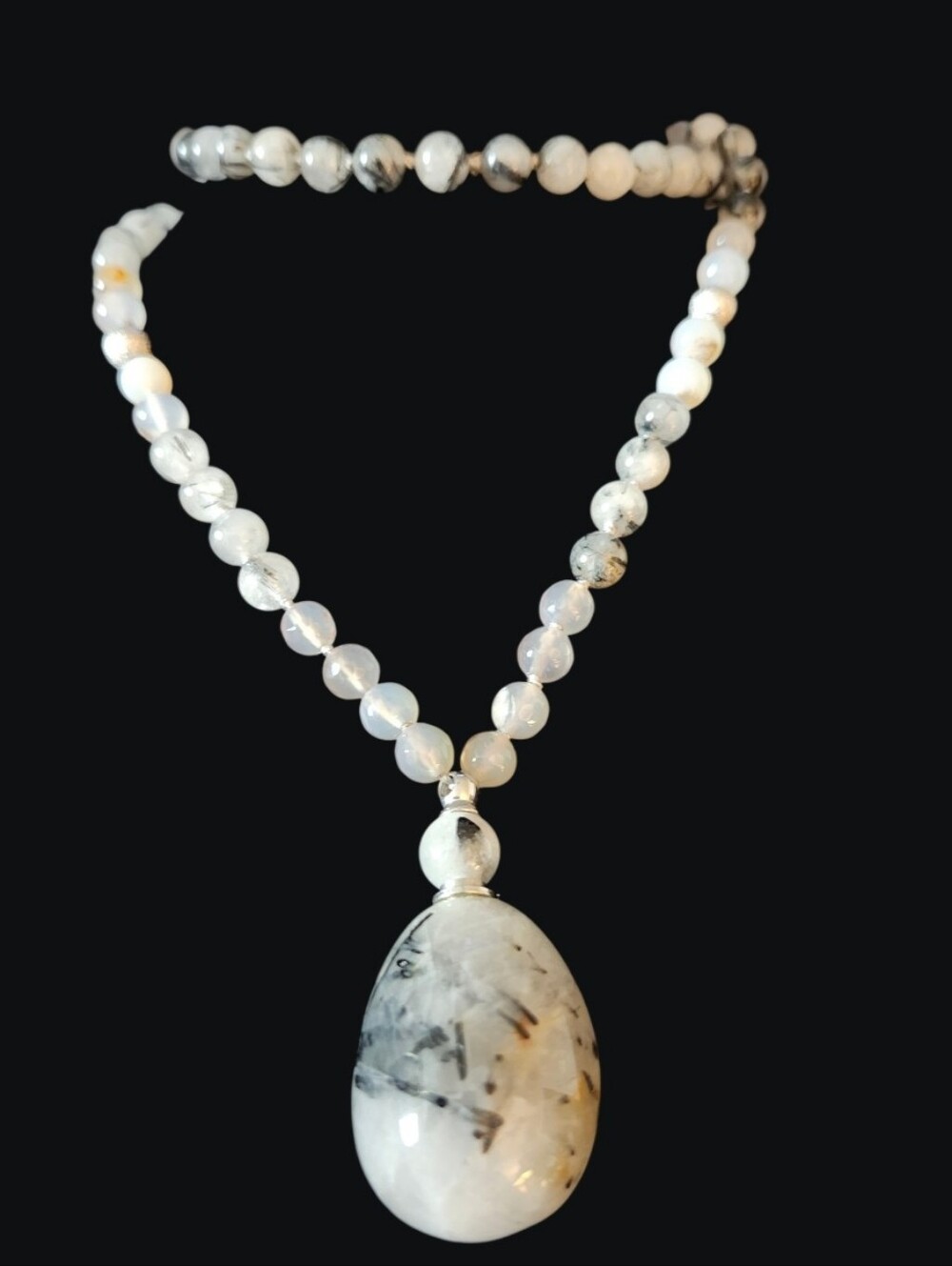 New Aviva Stanoff White Dendritic Agate Beaded Necklace Teardrop Bottle Pendant